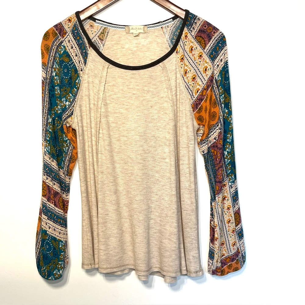 Altar'd State Cream Raglan Top with Teal & Mustard Patchwork Sleeves